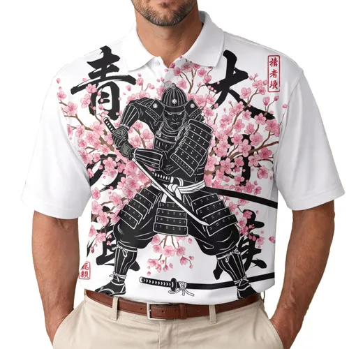 Samurai Katana Cherry Blossom Japanese Calligraphy - Warrior Culture Martial Arts Gift Men's Polo Shirt