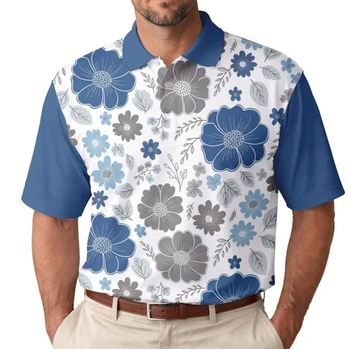 Blue Grey Flowers Leaves - Everyday Style Garden Lover Gift Men's Polo Shirt