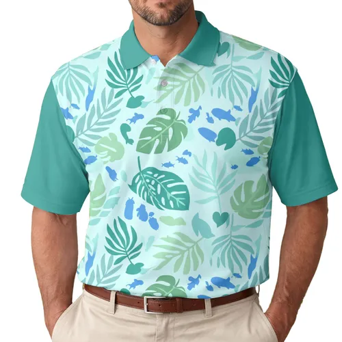 Tropical Leaves Fish Abstract Foliage - Summer Vacation Travel Essentials Men's Polo Shirt