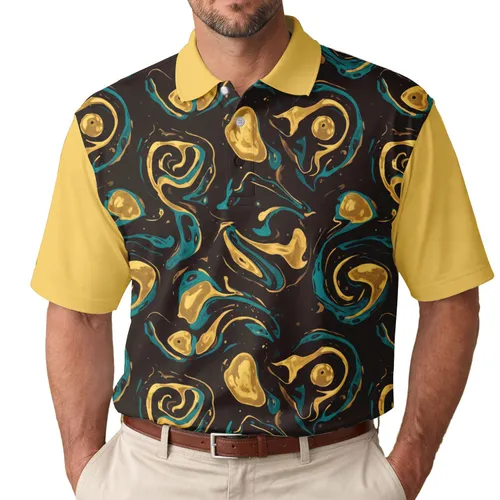 Metallic Gold Bronze Teal Liquid Marbled Swirls, Flecks, Speckles - Everyday Fashion Statement Men's Polo Shirt