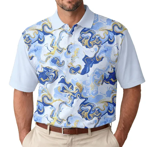 Metallic Gold Sapphire Blue Fluid Marbling Flow Swirls - Everyday Casual Wear Gift Men's Polo Shirt