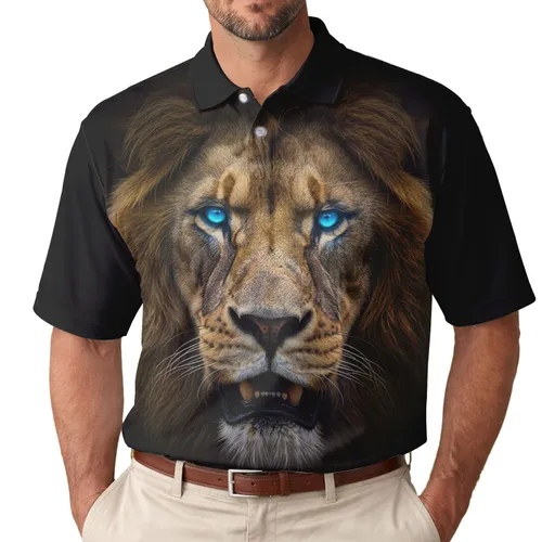 Majestic Realistic Close Up Lion Face Golden Brown Fur Electric Blue Eyes - Wildlife Lover Gift Men's Polo Shirt