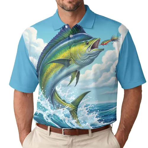 Mahi Mahi Dorado Fish Leaping Dynamic Ocean Waves Fishing Lure Scene - Ocean Angler Gift Men's Polo Shirt