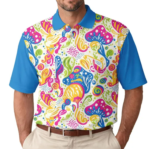 Psychedelic Coral Mushroom Wavy Leaf Swirling Vines Squiggles - Organic Boho Lifestyle Gift Men's Polo Shirt