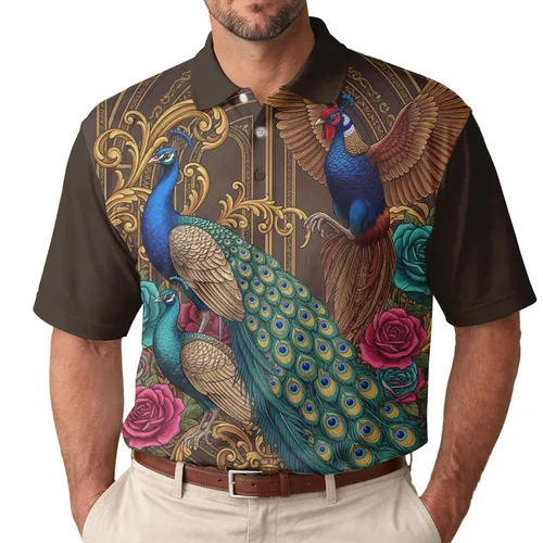 Majestic Peacocks Pheasant Roses Gilded Classical Architecture - Wildlife Lover Gift Men's Polo Shirt