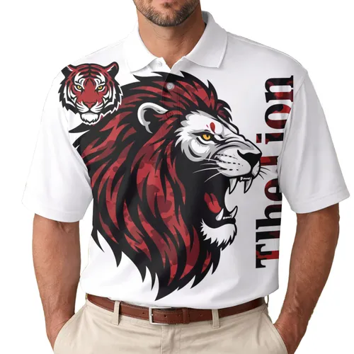 Roaring Lion Head Tiger Emblem 'The Lion' Text - Wildlife Lover Gift for Everyday Wear Men's Polo Shirt