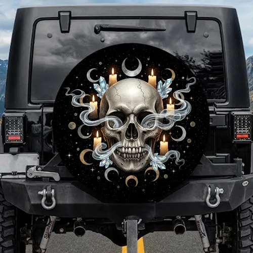 Weathered Skull Moons Stars Candles Crystals - Dark Fantasy Home Decor Gift Spare Tire Cover