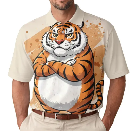 Plump Stout Grumpy Striped Cartoon Tiger with Crossed Arms - Wildlife Lover Gift Men's Polo Shirt