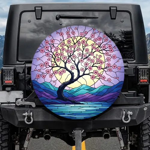 Pink Cherry Blossom Full Moon Mountain Lake Landscape - Nature Lover Gift Spare Tire Cover