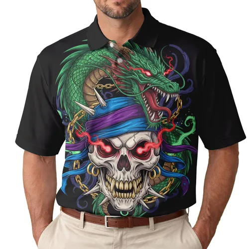 Menacing Skull Dragon Bandana Hoop Earrings Fangs Spikes Tendrils - Fantasy Lover Gift Men's Polo Shirt