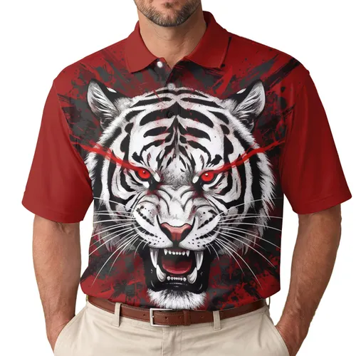 Red Splatter Tiger Head Jagged Stripe White Black Fur - Big Cat Lover Gift for Safari Fans Men's Polo Shirt
