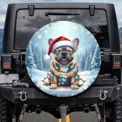 French Bulldog Puppy Christmas Lights Pine - Christmas Gift for French Bulldog Lover Spare Tire Cover