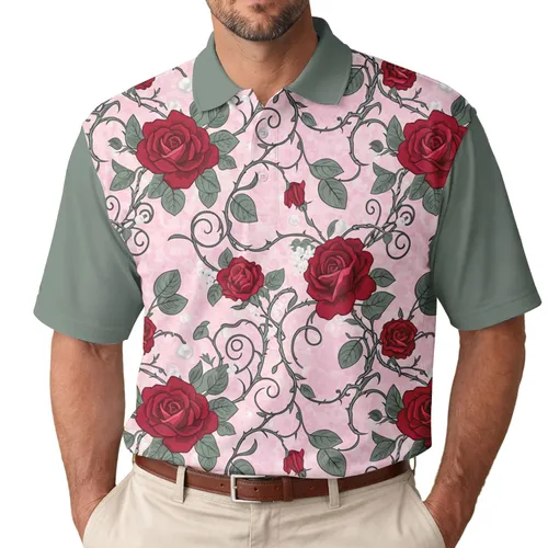 Crimson Roses Swirling Thorny Vines Pearl Accents - Botanical Lover Gift Men's Polo Shirt