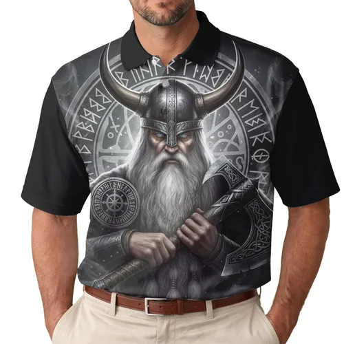 Viking Warrior White Beard Horned Helmet Runic Axe Shield - Mythology Fan Gift Men's Polo Shirt