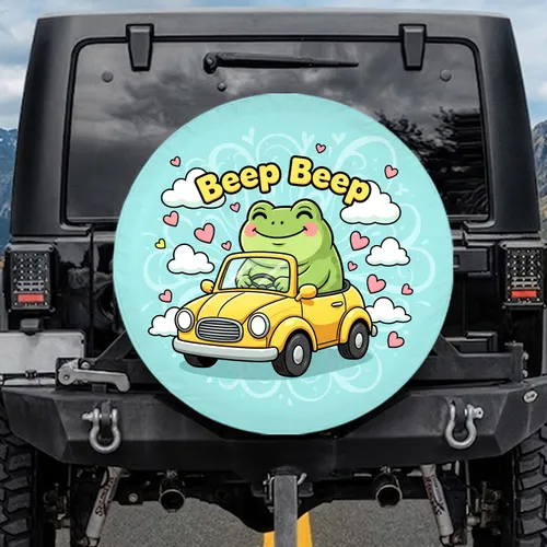 Chubby Green Frog Yellow Vintage Car Beep Beep Hearts Clouds - Car Lover Travel Gift Spare Tire Cover