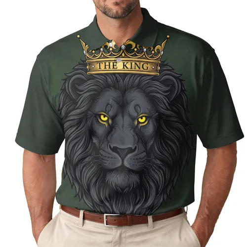 Fierce Black Lion Head Golden Crown THE KING - King of the Jungle Gift for Dad Men's Polo Shirt