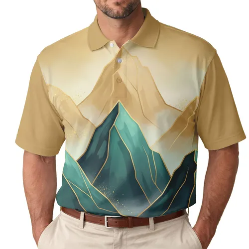 Mountain Range Landscape Gold Details - Nature Lover Outdoor Gift Men's Polo Shirt