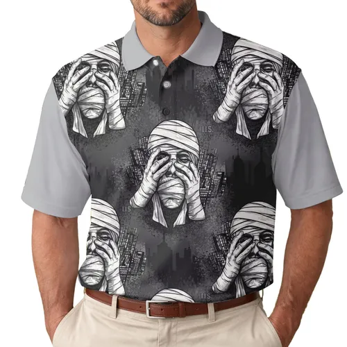 Detailed Grayscale Bandaged Faces Wrapped Figures Cityscape - Mystery Everyday Style Men's Polo Shirt