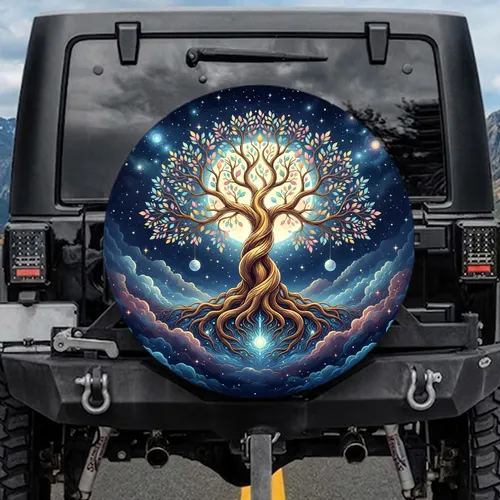 Ancient Golden Tree of Life Glowing Leaves Cosmic Sky Full Moon - Home Decor Gift for Yoga Lover Spare Tire Cover