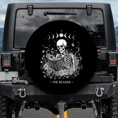 The Reader Skeletal Book Moon Stars Gothic Floral - Book Lover Gift Spare Tire Cover
