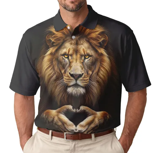 Golden-Eyed Lion Head Mane Whiskers Fur Paws Heart - Wildlife Lover Gift for Fathers Men's Polo Shirt