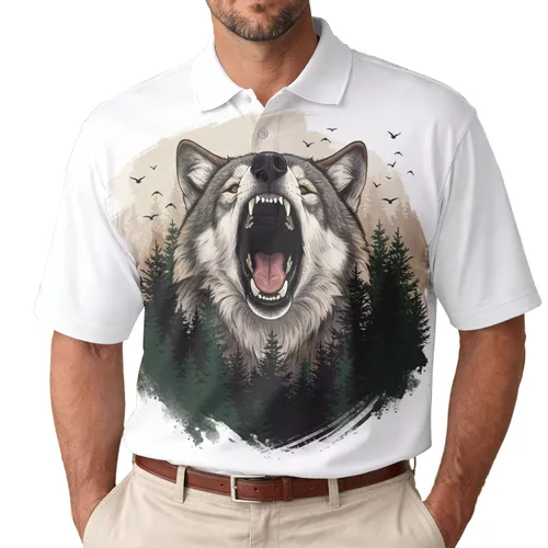 Gray Wolf Howling Sharp Teeth Pine Trees Flying Birds - Wildlife Lover Gift Men's Polo Shirt