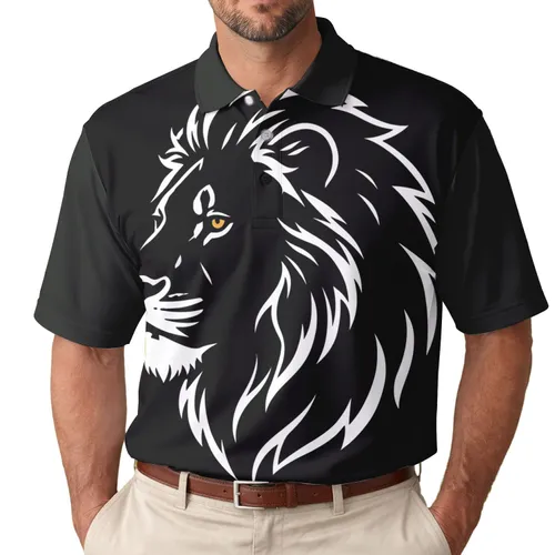 Lion Head Dark Silhouette White Outline Mane Amber Gold Eye - Wildlife Lover Gift Men's Polo Shirt