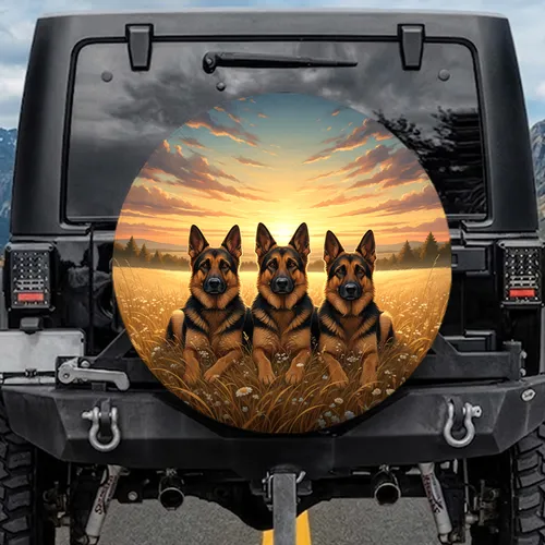 Majestic German Shepherds Golden Sunset Field - Dog Lover Gift Spare Tire Cover