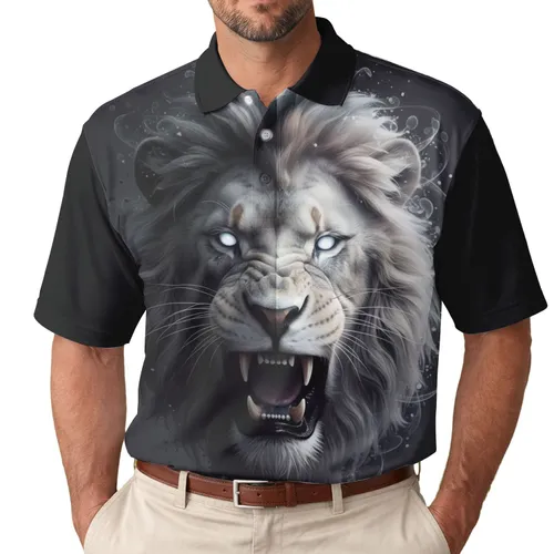Aggressive Roaring Lion Face Dark Light Split - Wildlife Lover Gift for Him Men's Polo Shirt
