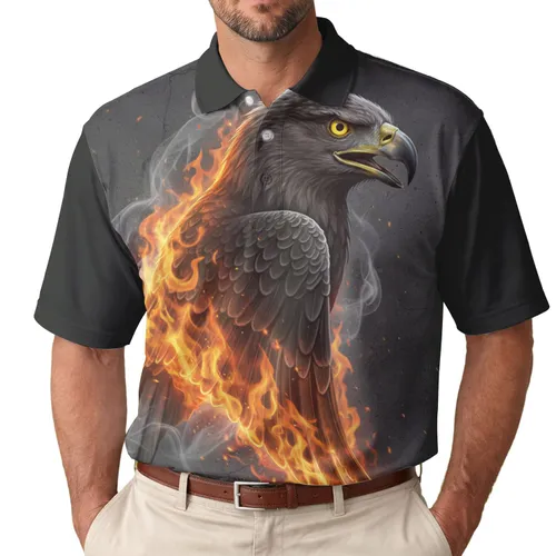 Highly Detailed Realistic Eagle Head Profile Wing Flames - Wildlife Lover Gift Men's Polo Shirt