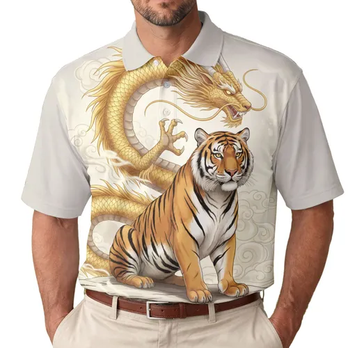 Majestic Golden Chinese Dragon Bengal Tiger - Mythical Wildlife Lover Gift Men's Polo Shirt