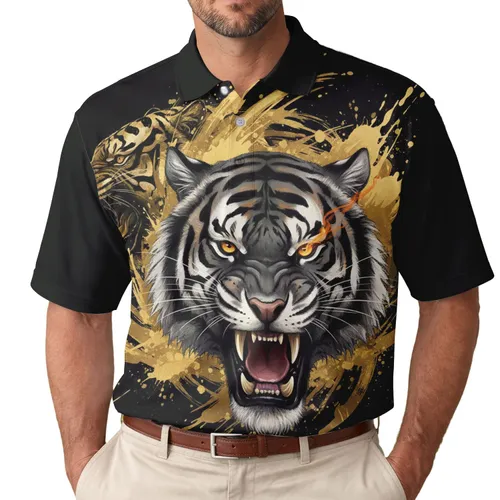 Roaring Tiger Head Secondary Head Gold Organic Shapes Splatters - Wildlife Lover Gift Men's Polo Shirt