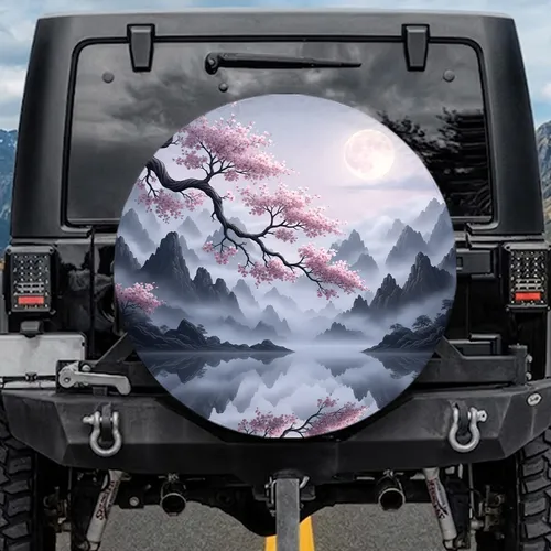 Cherry Blossom Branch Misty Mountain Moon Landscape - Nature Lover Gift Spare Tire Cover