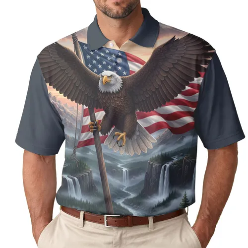 Bald Eagle American Flag Mountain Landscape - Independence Day Gift for Veterans Men's Polo Shirt