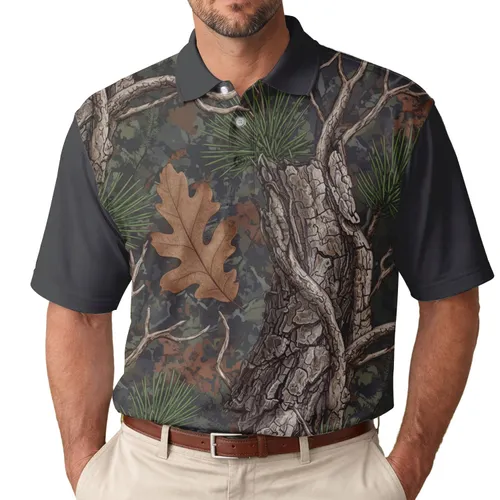 Weathered Tree Bark Gnarled Branches Pine Needles Oak Leaf Forest Camouflage Outdoor Gift Men's Polo Shirt