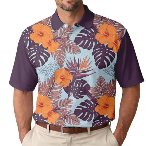 Tropical Foliage Hibiscus Monstera Palm Fronds Bird of Paradise - Outdoor Lifestyle Gift Men's Polo Shirt