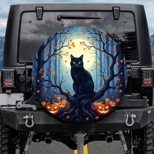 Black Cat Jack-o'-lanterns Spooky Trees Moon - Halloween Cat Lover Gift Spare Tire Cover