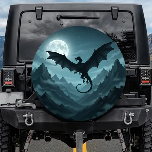 Winged Dragon Silhouette Moon Mountains - Outdoor Adventure Gift Spare Tire Cover