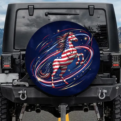 Rearing Horse American Flag Stars - Independence Day Gift for Veterans Spare Tire Cover