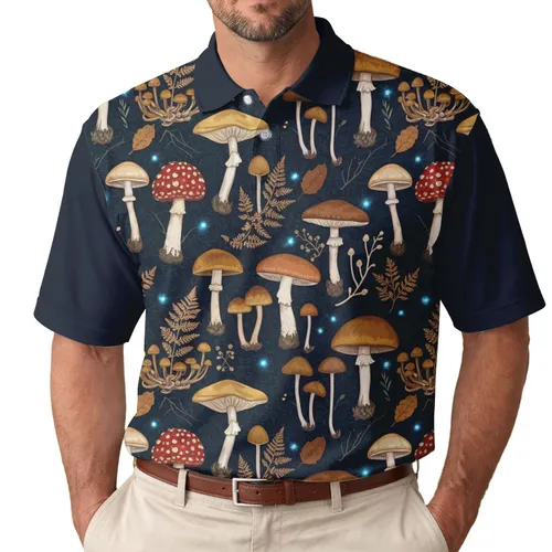 Realistic Dark Forest Mushroom Fungi Toadstools Foliage - Woodland Nature Lover Gift Men's Polo Shirt
