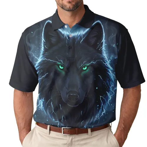 Ethereal Black Wolf Glowing Green Eyes Water Mist - Wildlife Lover Gift Men's Polo Shirt