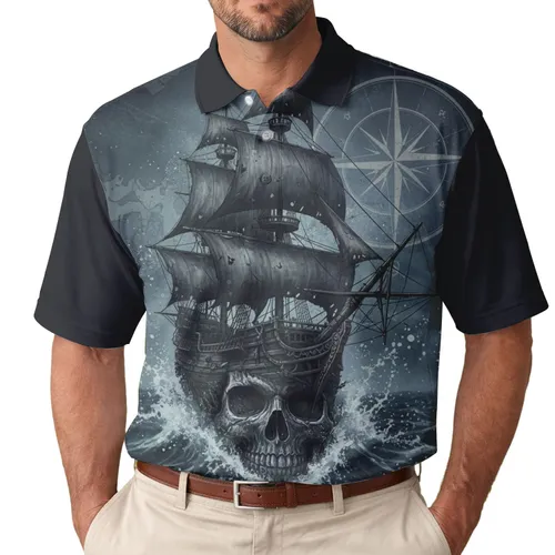 Dilapidated Pirate Galleon Weathered Skull Stormy Sea Compass Dark Fantasy Decor Gift Men's Polo Shirt