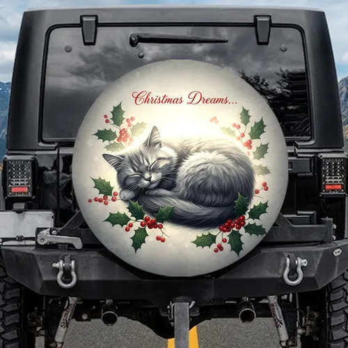 Christmas Dreams Sleeping Cat Holly Berries - Holiday Gift for Cat Lover Spare Tire Cover