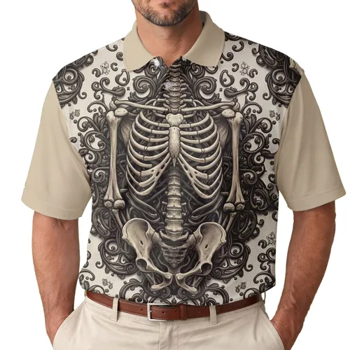 Human Skeleton Skull Rib Cage Pelvic Bones - Gothic Lifestyle Gift for Anatomy Enthusiasts Men's Polo Shirt