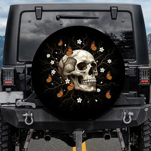 Skull Monarch Butterflies Tree Branches - Macabre Nature Decor Gift Spare Tire Cover