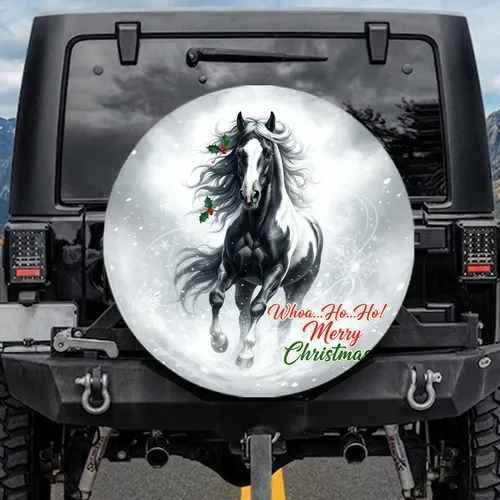 Black White Horse Holly Snowflakes - Christmas Gift for Horse Lover Spare Tire Cover