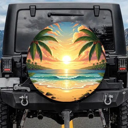 Tropical Beach Sunset Palm Trees Ocean - Travel Essentials for Beach Lovers Spare Tire Cover