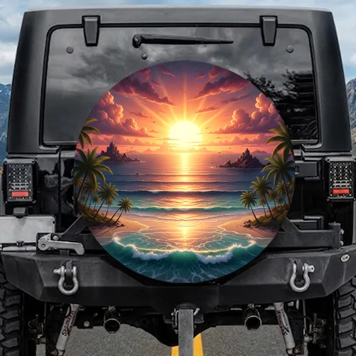 Tropical Ocean Sunset Cumulus Clouds Palm Trees - Adventure Road Trip Gift Spare Tire Cover