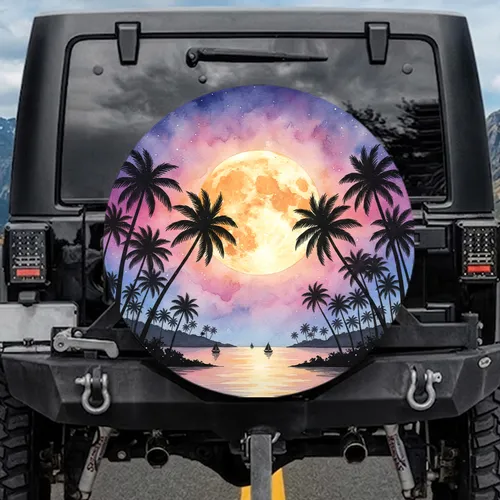 Golden Moon Palm Tree Silhouettes Sailing Boat Island Shoreline - Home Decor Gift Spare Tire Cover