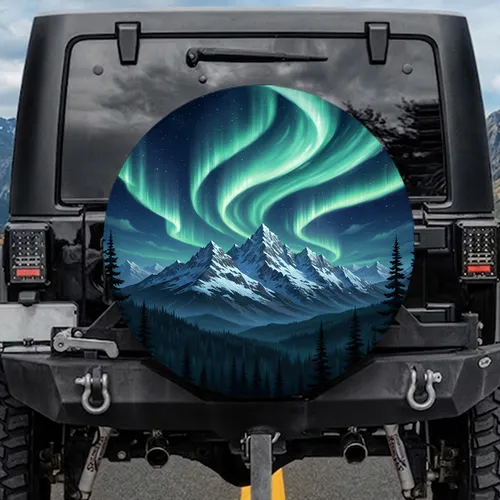Northern Lights Starry Sky Snow Mountain Forest - Outdoor Adventure Gift Spare Tire Cover
